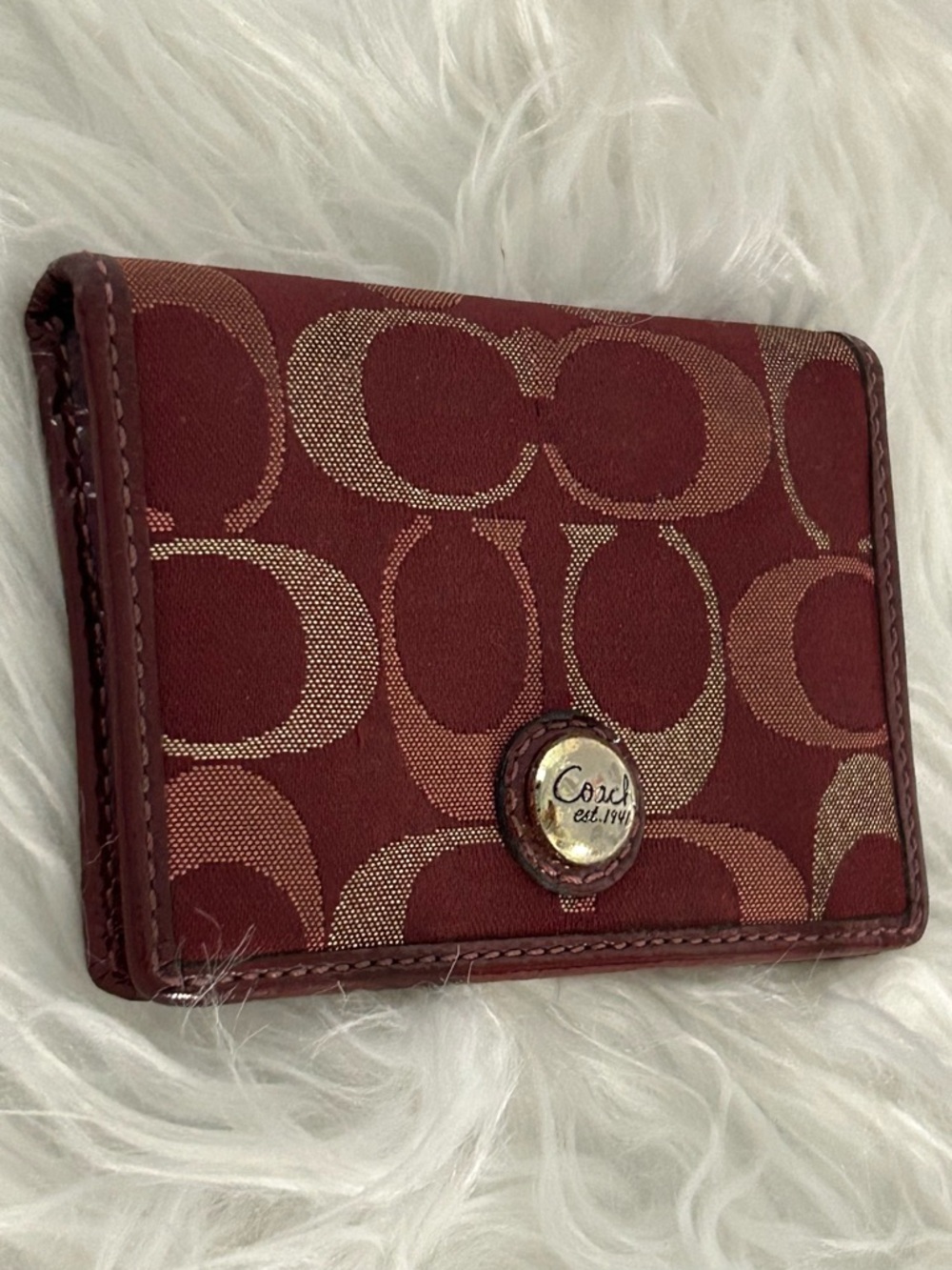 Coach Signature Burgundy Canvas Leather Wallet Mini Compact ID Holder - Picture 4 of 7